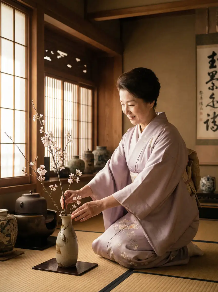 一位优雅的 sb体育平台平台 在和室中插花